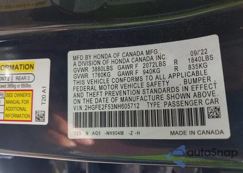 2022 Honda Civic Sport from USA, damaged, VIN 2HGFE2F53NH605712